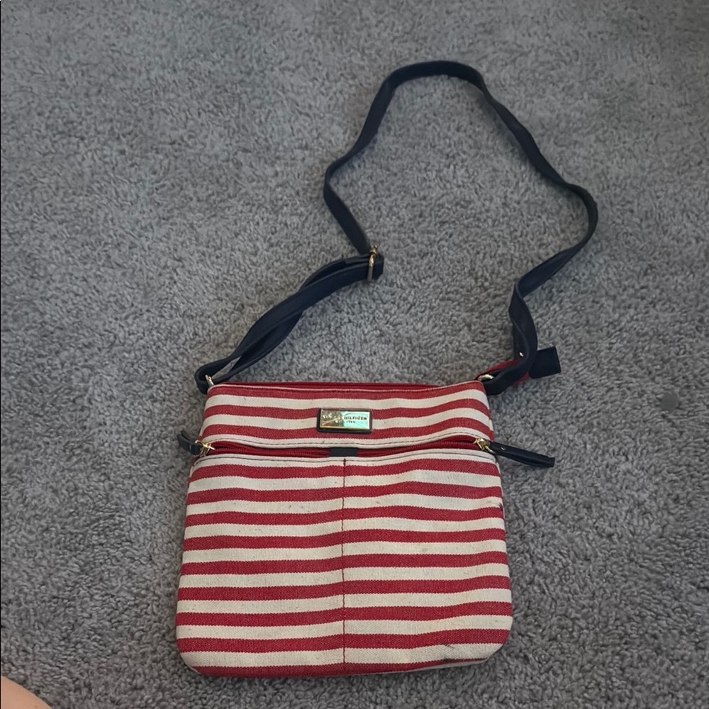 Tommy Hilfiger Red and Cream Striped Crossbody Bag